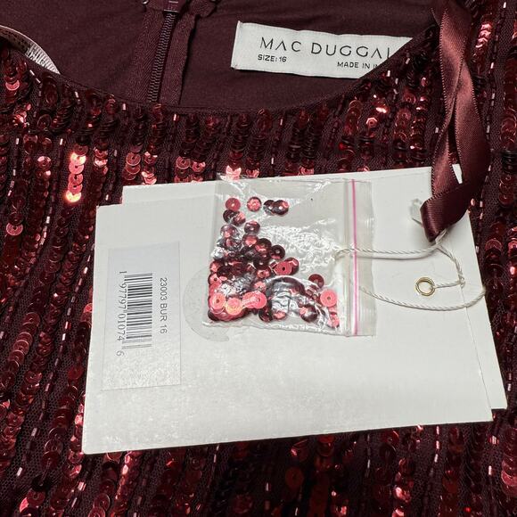 Mac Duggal NWT Red Long Sleeve Ruffle Detail Sequin Midi Dress Size 16 High Neck - Picture 6 of 10